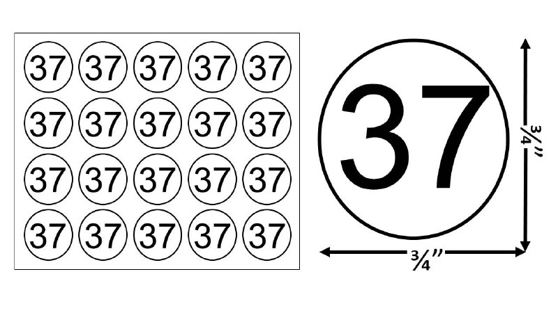 Round Size Sticker Label, Sz 3/4, Number 37 (1,000pcs/1 Roll